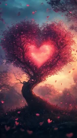 Heart-Shaped Tree Glowing with Luminous Red Light.
