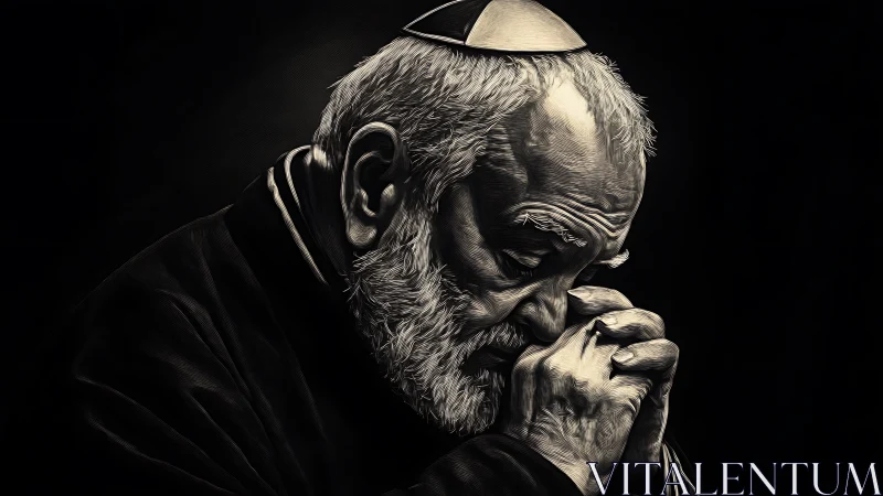 High contrast digital portrait of elderly man in contemplative prayer