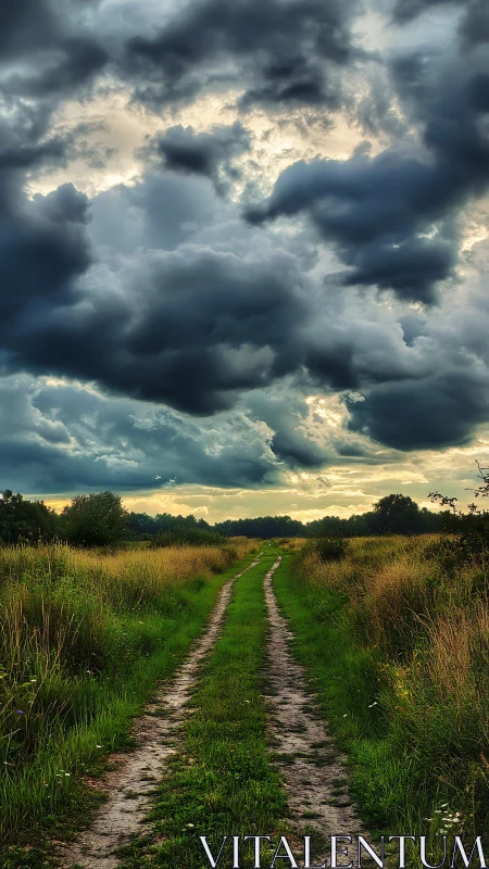 Storm-laden country track under dramatic evening sky.