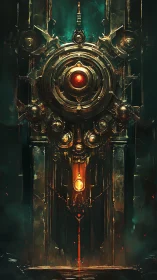 Ancient mechanical gate with glowing red and gold core.
