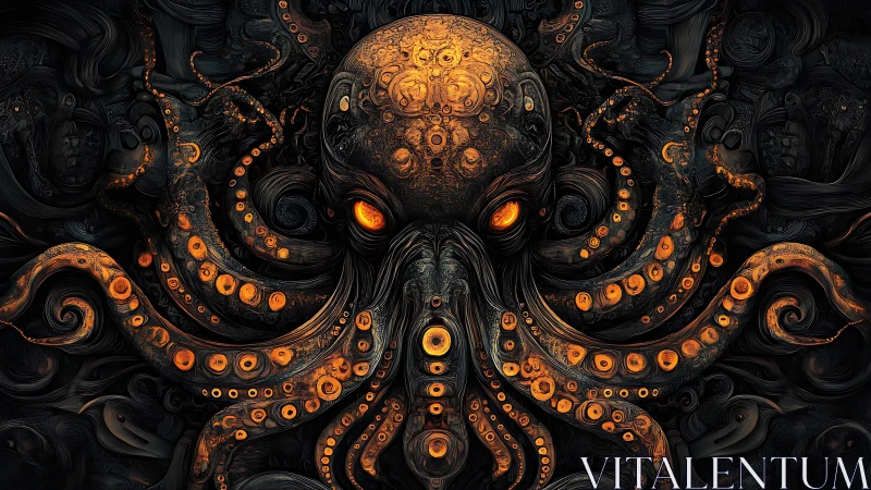 Molten-eyed eldritch octopus in baroque swirling abyss.