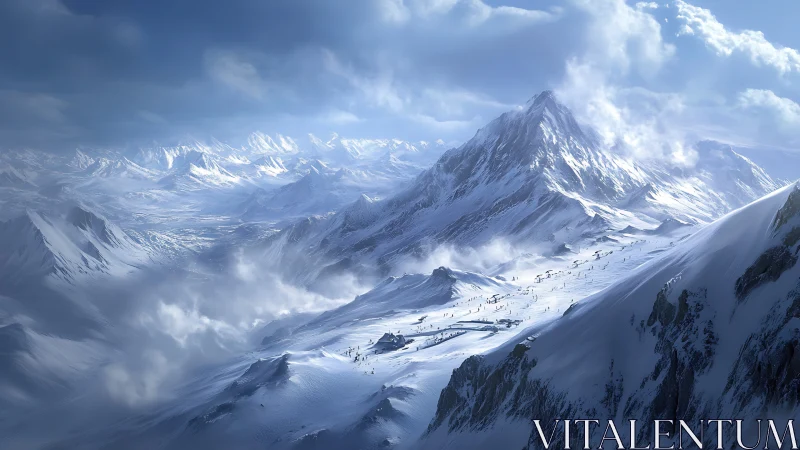 Snowbound mountain range stretches beneath icy blue skies.