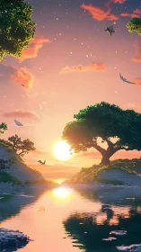 Procedural sunset riverscape with volumetric light gradients.