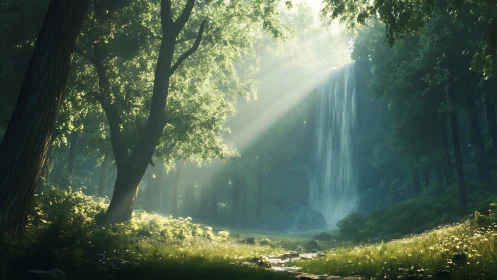 Waterfall Through Ancient Forest Canopy.