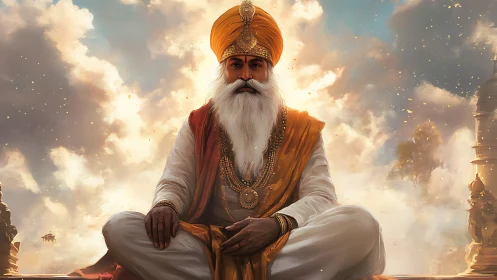 Regal turbaned elder meditates amid glowing celestial clouds.