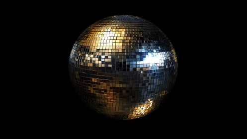 Mirrored disco sphere glows with gold and cool reflections.