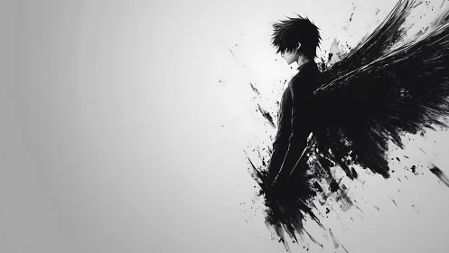 Monochrome winged figure rendered in dynamic ink-splatter abstraction