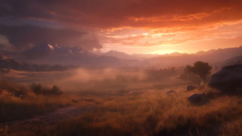 Golden dusk settles softly over a peaceful misty valley