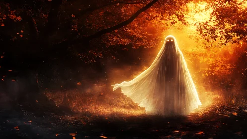 Backlit spectral figure emits volumetric glow in autumn forest