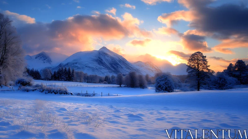 Low-angle winter valley panorama with backlit alpine mountains
