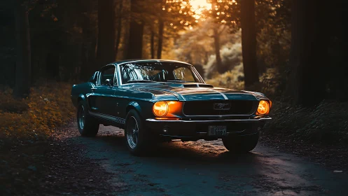 Classic muscle car glows under warm forest sunset light