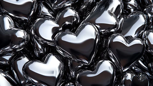 3D-Rendered Polished Black Heart Forms with Specular Highlights and Reflective Surface Properties