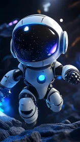 Compact robotic astronaut unit in illuminated rocky void.
