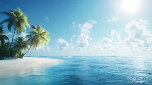 Tropical Beach Paradise: White Sand Shoreline with Palm Trees