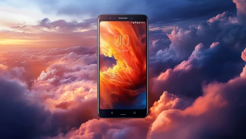 Smartphone floats centered above vivid sunset clouds