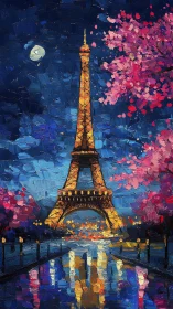 Eiffel Tower glows above a moonlit Paris street in spring