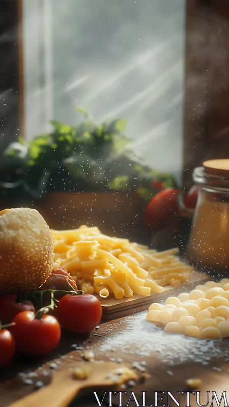 Rustic kitchen still life with fresh pasta and tomatoes.