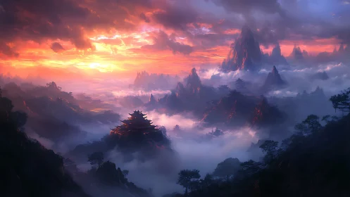 Mythic mountain temples under blazing neon dusk sky.