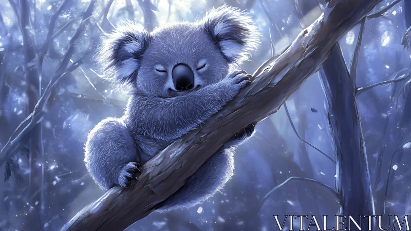 Moonlit koala dreamboat curled on frosty eucalyptus bough.