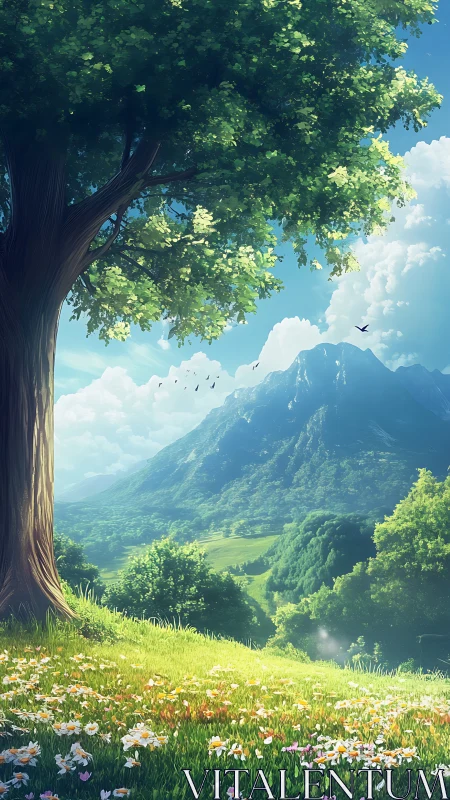 Sunlit alpine meadow under towering tree and distant mountains