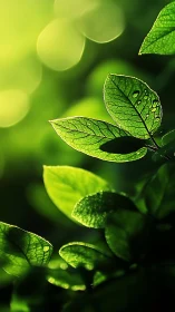 Close-up green leaves with water droplets in sunlight.