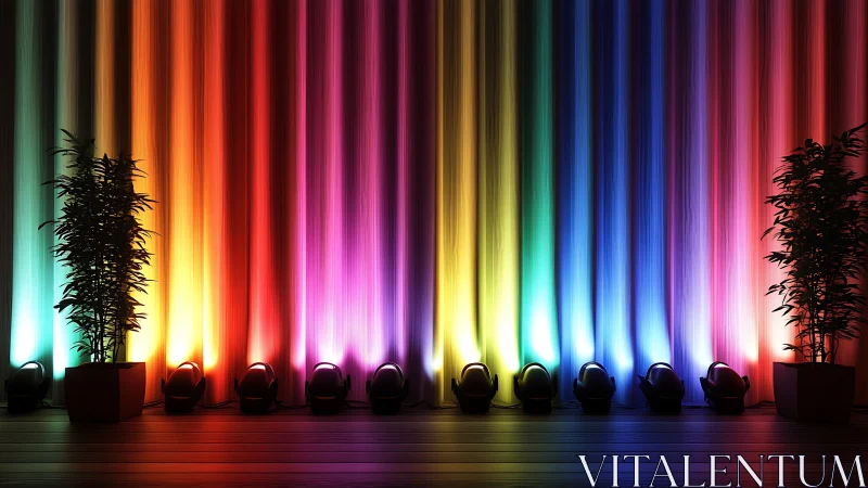 Stage curtain glows with vivid rainbow uplighting symmetry.