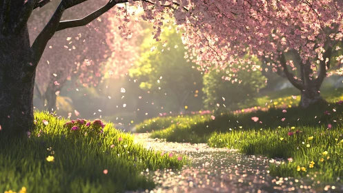 Sunlit cherry blossom path with drifting spring petals.