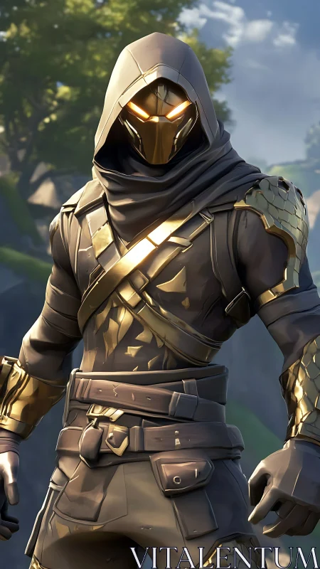 Hooded cyber assassin with golden armored visor stance