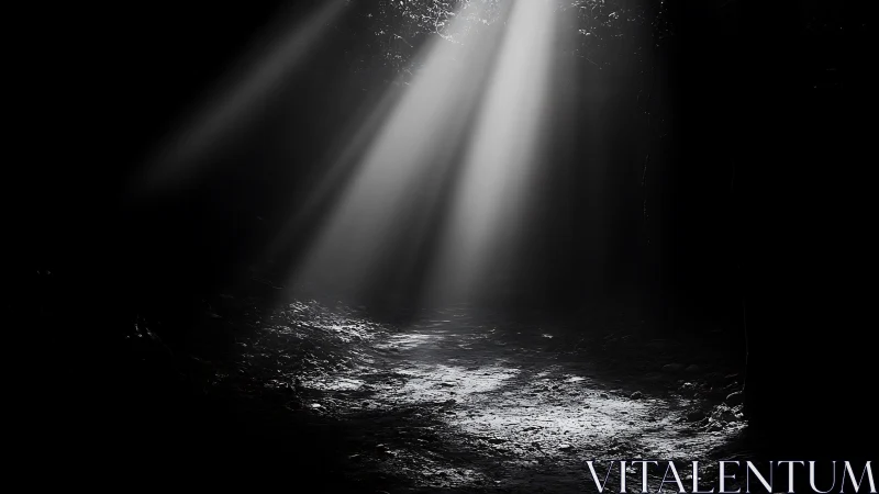 Directional light shafts pierce a dark forest floor in monochrome