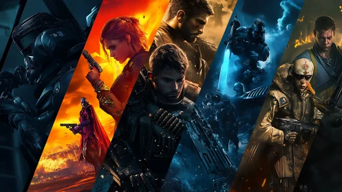 Futuristic soldiers and operatives in segmented battle scenes.