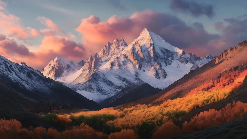 Sunstruck autumn valley bowing to rose-lit alpine giant.