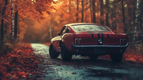 Red classic muscle car parked on wet autumn forest road.