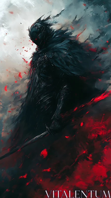 Shadowed dark knight rises from a storm of blood and ash.