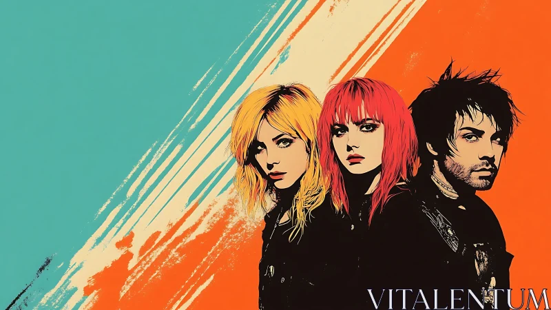 Three stylized band members stand against teal and orange