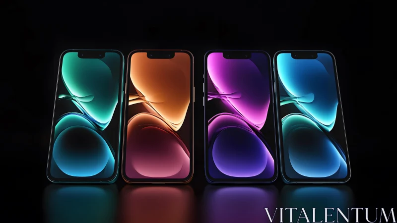 Sleek modern smartphones in colorful neon lighting, minimalist style.