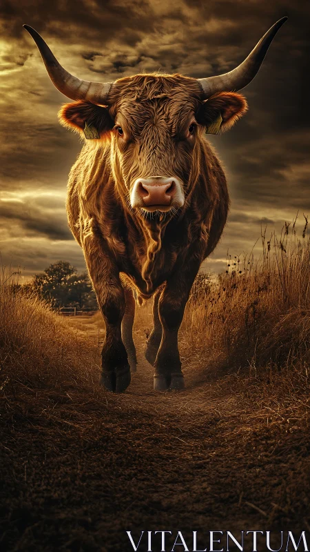 Photorealistic low-angle bull portrait with dramatic lighting.