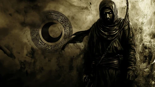 Digital painting of cloaked desert warrior with crescent sigil.