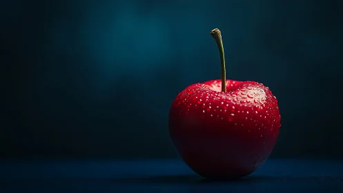 Glistening red apple resting quietly in rich blue shadows.