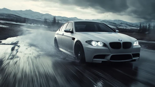 White BMW sedan on wet mountain road under overcast sky.