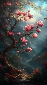 Magnolia tree in luminous valley with distant misted peaks.