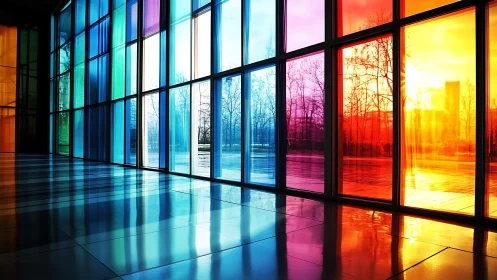 Rainbow glass facade bathes a modern interior in shifting light