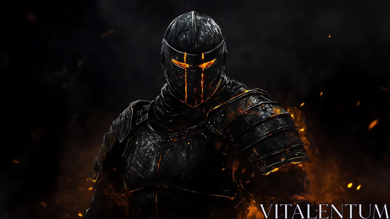 Molten embers armored knight in charred plate amid darkness
