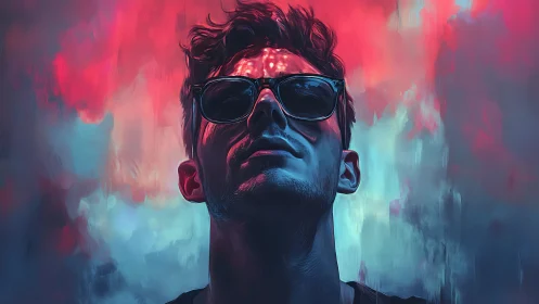 Stylized portrait of man in sunglasses with neon lighting.