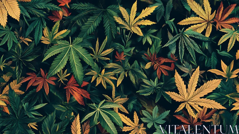 Multicolored cannabis foliage pattern on dark botanical field