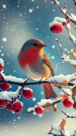 Small songbird on snowy berry branch in winter setting.