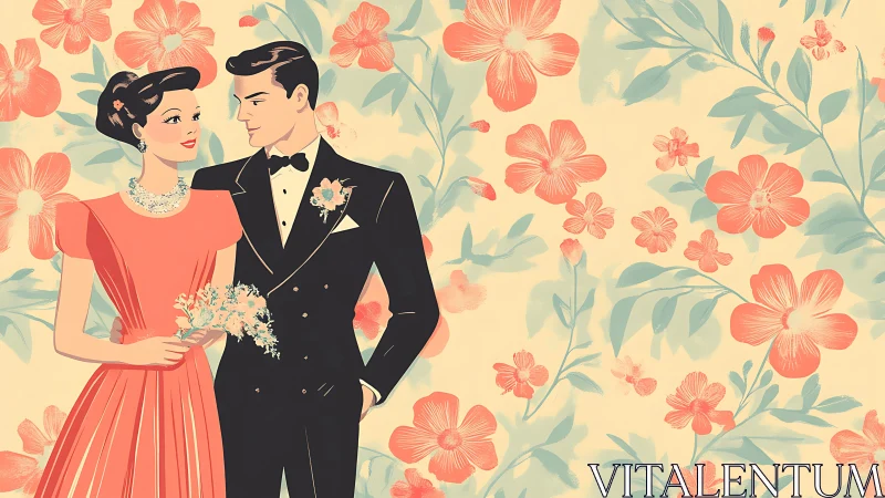 Retro lovers bloom amid coral blossoms and mint leaves.