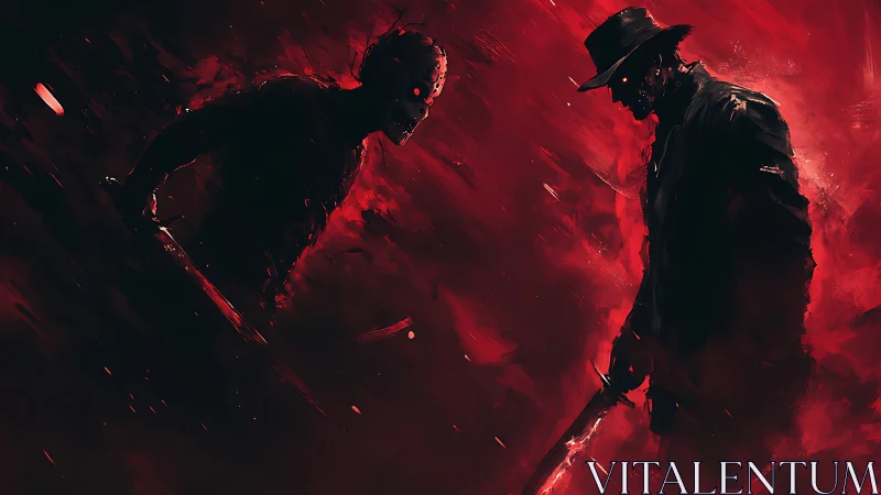 Duelling masked silhouettes in high-contrast crimson vortex.