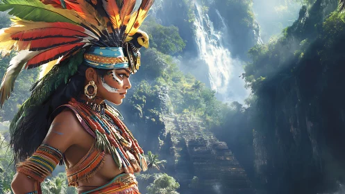 Jungle waterfall guardian in radiant feathered regalia.