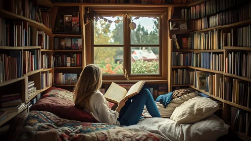 Young woman reading in a windowed home library nook at dusk