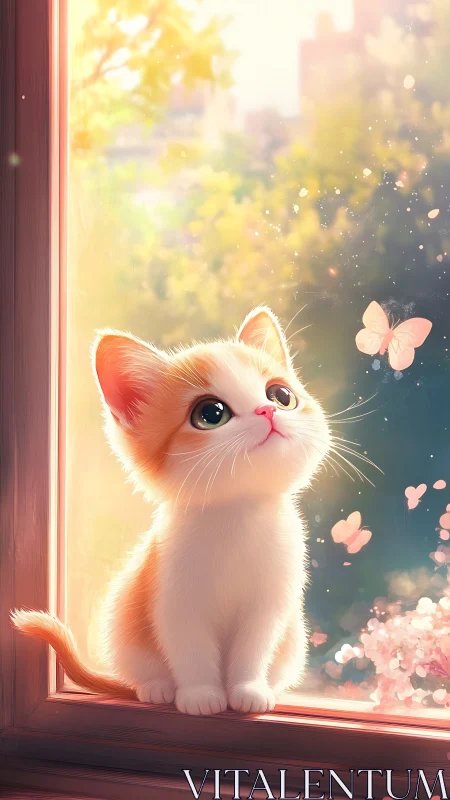 Sunlit window kitten chasing daydreams in pastel air.